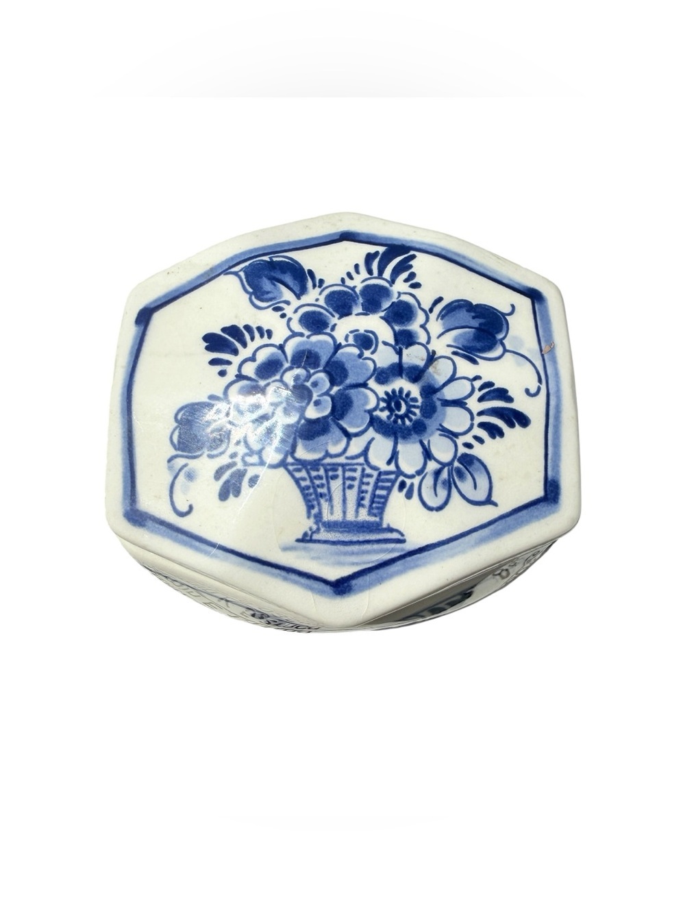 Vintage Handpainted Delft Blue DAIC Porcelain Trinket Box Floral Hexagon Decor